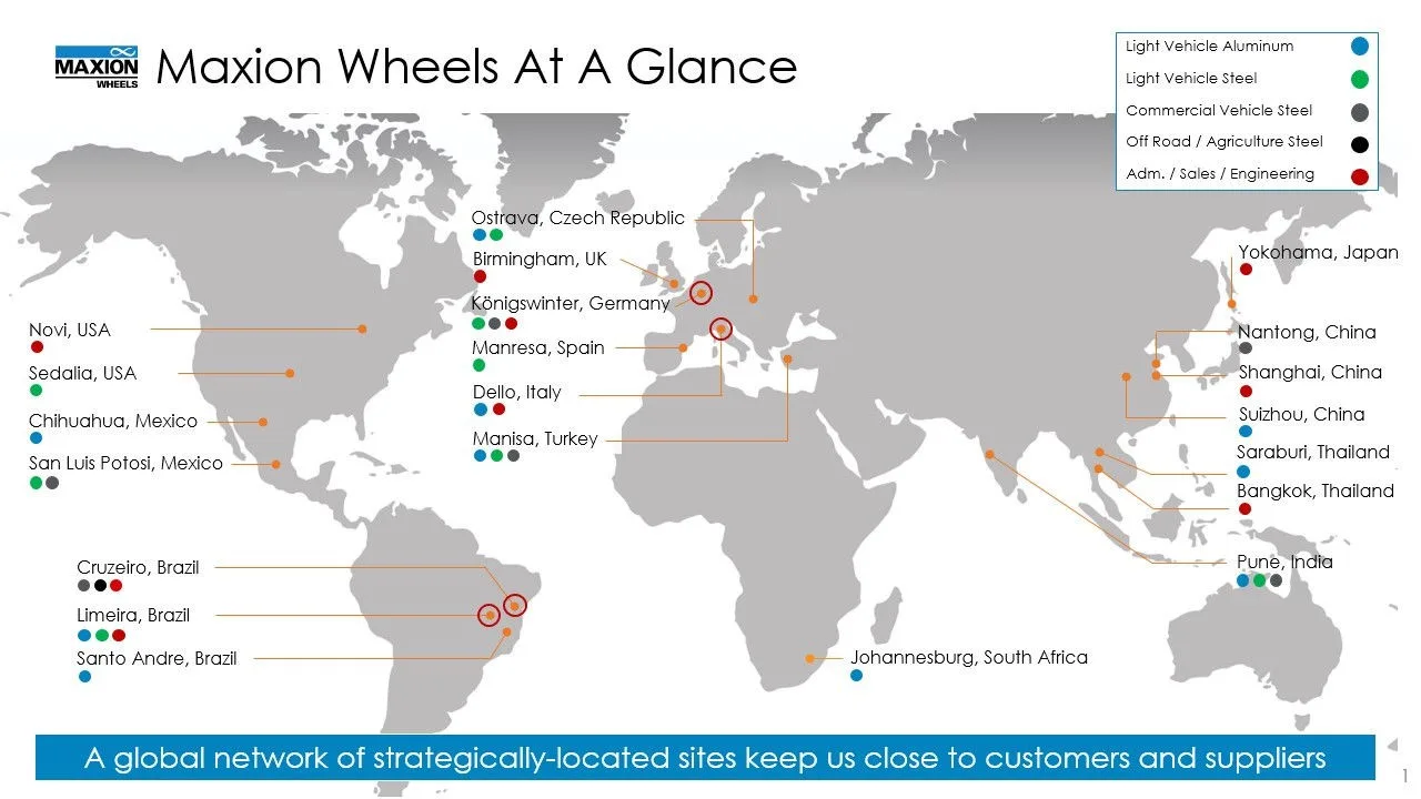 Mapa das instalações da Maxion Wheels em todo o mundo