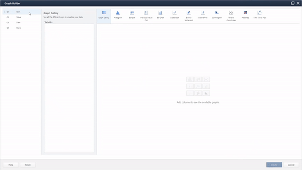 Construtor de gráficos do Minitab montando um gráfico de séries temporais