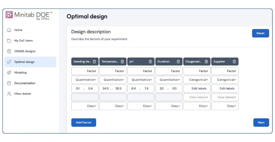 Tela de planejamento ótimo do Minitab DOE by Effex com definição de fatores