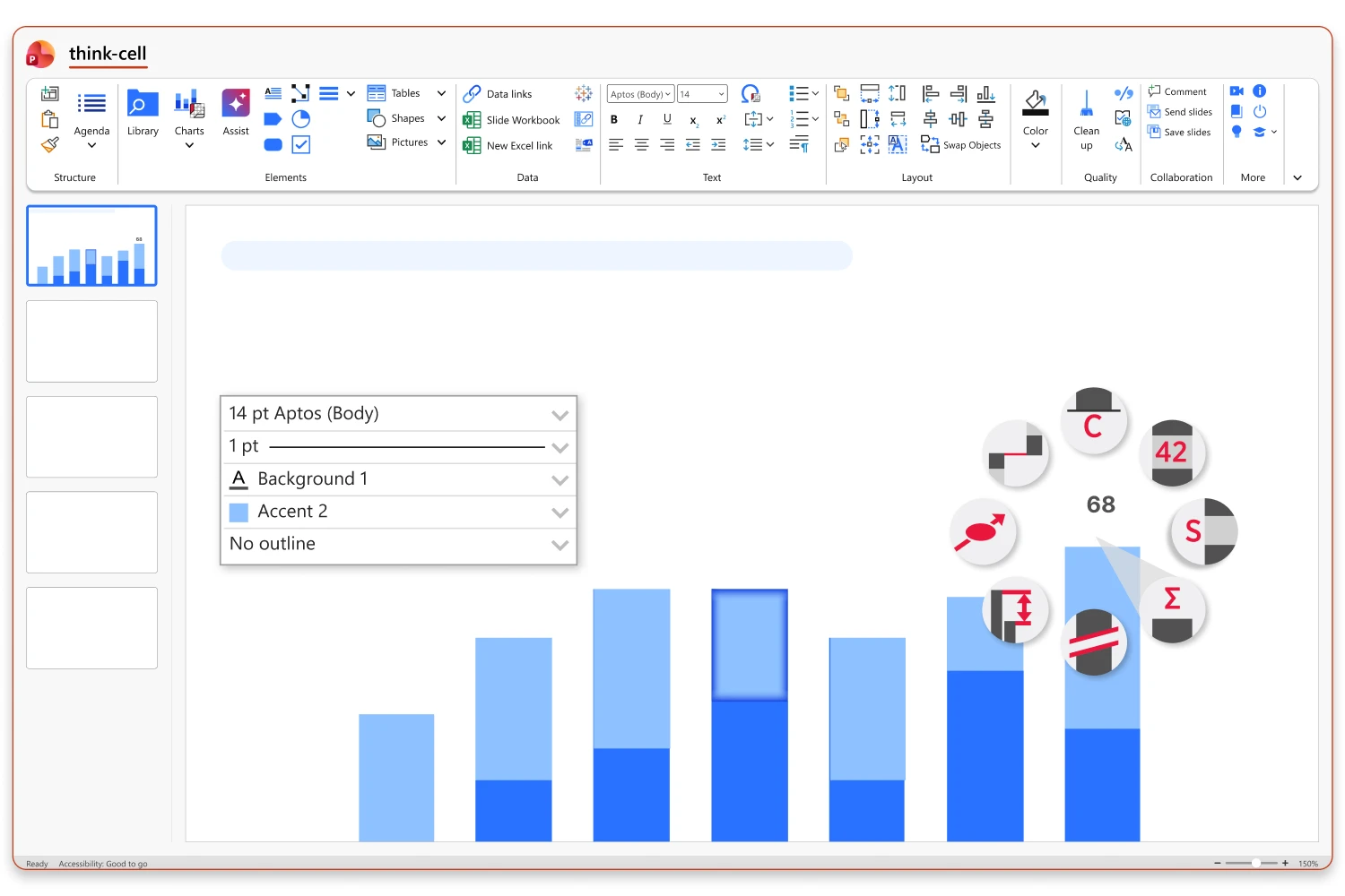 Recursos de automação do think-cell montando um gráfico de barras diretamente no PowerPoint